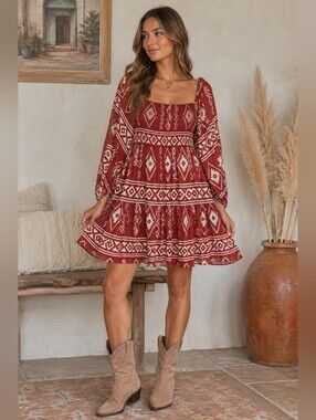 Sachin + Babi Rust Red Aztec Print Tiered Mini Dress Boho Long Sleeve Size M